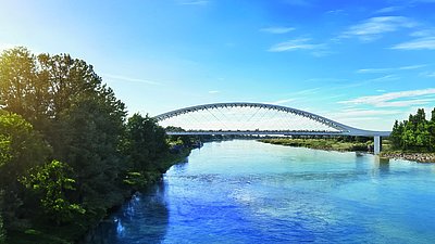 Oder Bridge in Küstrin-Kietz spanning the Oder River, featuring a network arch design with lightweight carbon fiber hangers.